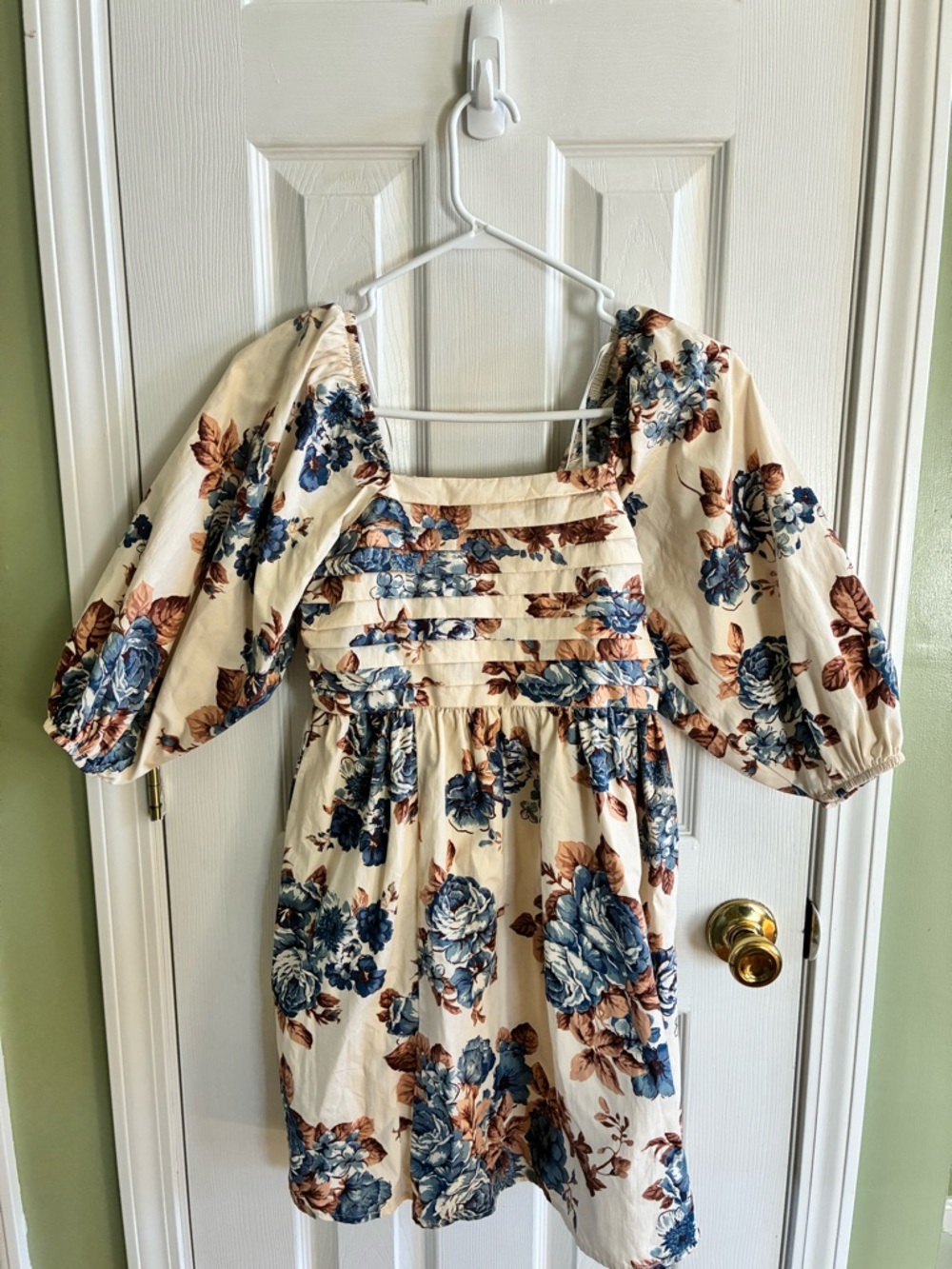 Rare Editions Cream Floral Puff-Sleeve Girls Dress with Blue and Brown Roses
